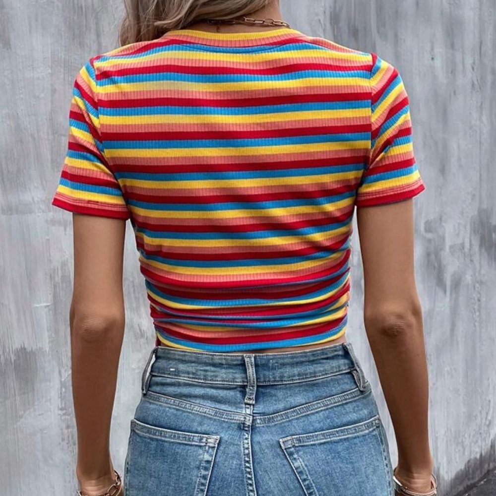 Chic Nation rainbow print Crop Polo T-Shirt
